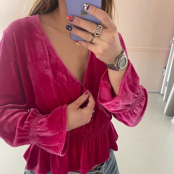 Intermix Velvet Peplum Faux Wrap Blouse Top Pink Petite - Picture 4 of 8